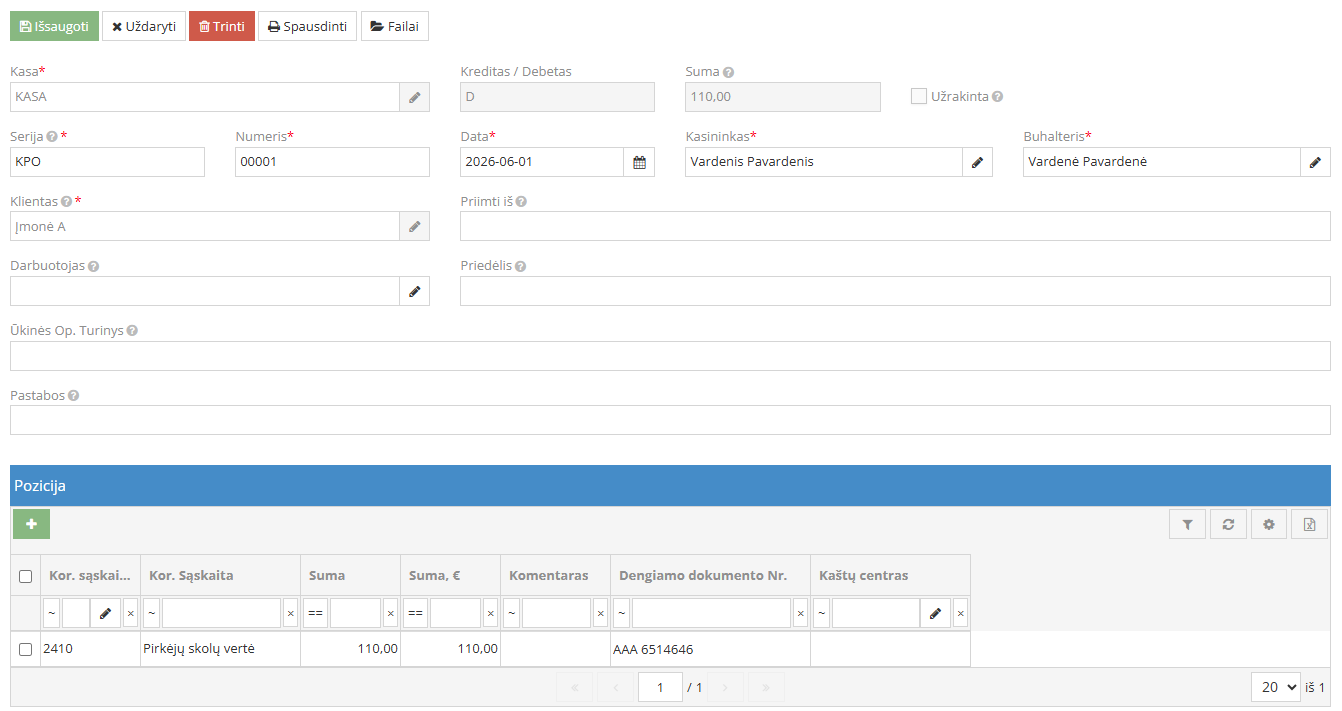 KPO įvedimo langas